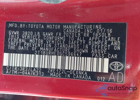 2016 Toyota Corolla Le Premium из США, поврежденный, VIN 2T1BURHE0GC596647